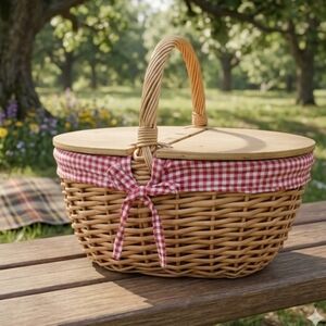 ​Picnic Time Wicker Picnic Basket Vintage  Red & White Gingham Liner Cottagecore
